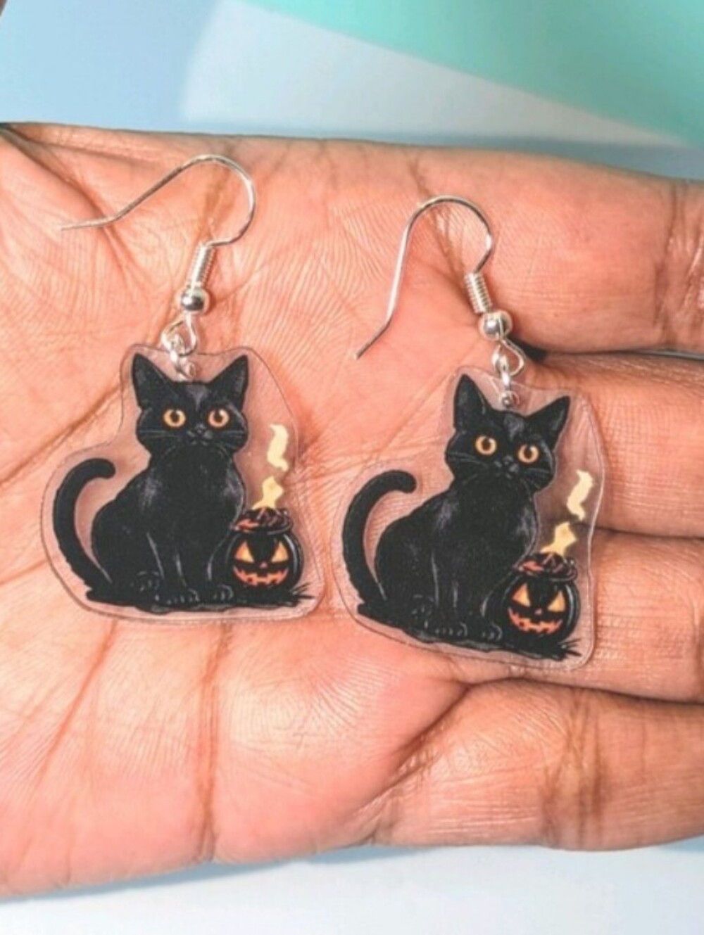 Black Cat Halloween Dangle Earrings - Cute Cat Pumpkin Jewelry